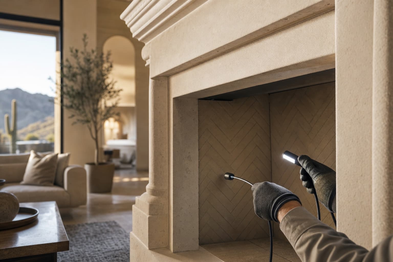 Technician using an inspection light and camera probe inside a limestone fireplace in an Arizona home