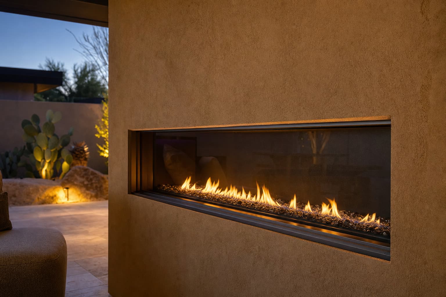 Modern linear gas fireplace with flames over fire glass